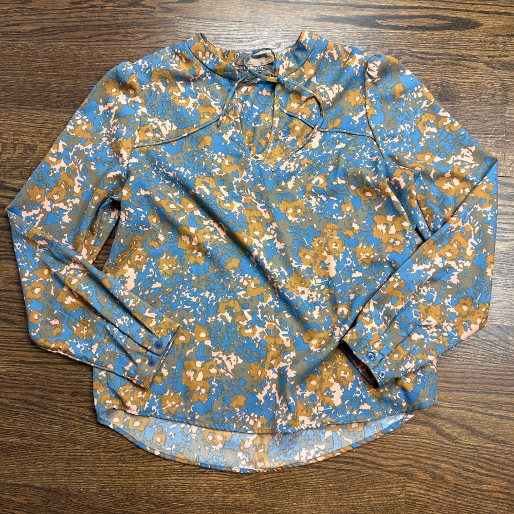 Prana Women Blue Ochre Floral Keyhole Tie Neck Blouse Size Medium Long Sleeve
